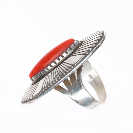 sz7.5 Kee Nez Navajo sterling silver modernist Mediterranean coral ring