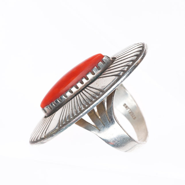 sz7.5 Kee Nez Navajo sterling silver modernist Mediterranean coral ring