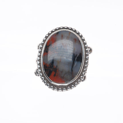sz7 30's-40's Navajo sterling silver petrified wood agate beaded bezel ring