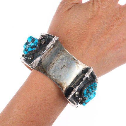 7.25" Vintage Navajo sterling silver turquoise nugget large watch cuff bracelet