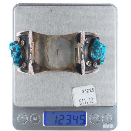 7.25" Vintage Navajo sterling silver turquoise nugget large watch cuff bracelet