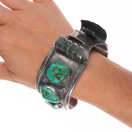 7.1" Vintage Navajo sterling silver turquoise nugget large watch cuff bracelet