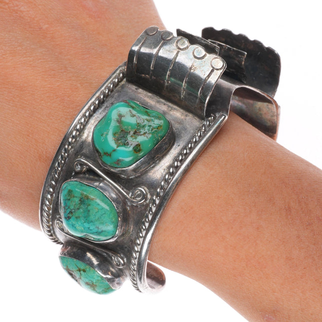 7.1" Vintage Navajo sterling silver turquoise nugget large watch cuff bracelet