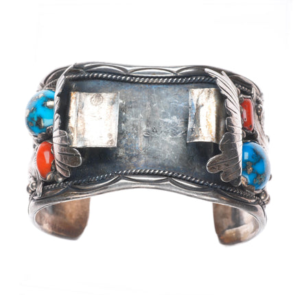 7.25" M Chee Navajo Pyrite turquoise/coral Sterling silver watch cuff bracelet