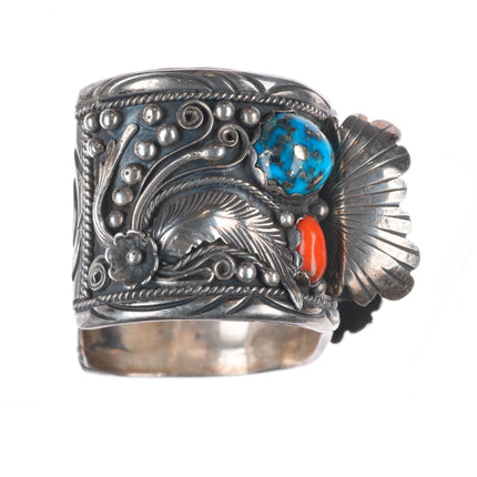 7.25" M Chee Navajo Pyrite turquoise/coral Sterling silver watch cuff bracelet