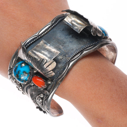 7.25" M Chee Navajo Pyrite turquoise/coral Sterling silver watch cuff bracelet
