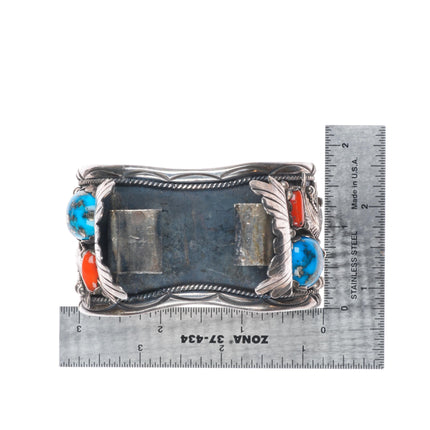 7.25" M Chee Navajo Pyrite turquoise/coral Sterling silver watch cuff bracelet