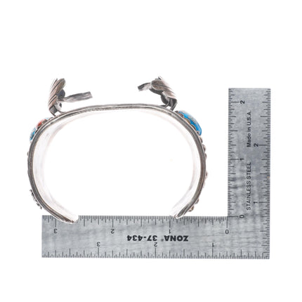 7.25" M Chee Navajo Pyrite turquoise/coral Sterling silver watch cuff bracelet
