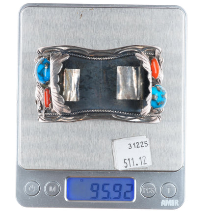 7.25" M Chee Navajo Pyrite turquoise/coral Sterling silver watch cuff bracelet