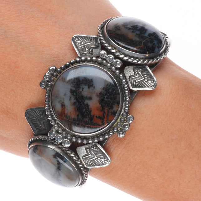 6.6" 1940's Navajo stamped sterling silver petrified wood agate cuff bracelet