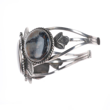 6.6" 1940's Navajo stamped sterling silver petrified wood agate cuff bracelet