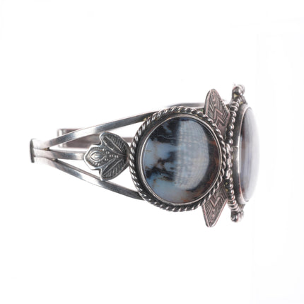 6.6" 1940's Navajo stamped sterling silver petrified wood agate cuff bracelet
