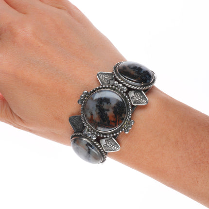 6.6" 1940's Navajo stamped sterling silver petrified wood agate cuff bracelet