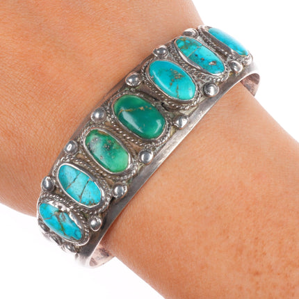 6.6" 1930's Navajo ingot silver turquoise row cuff bracelet twisted wire center