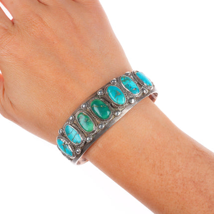 6.6" 1930's Navajo ingot silver turquoise row cuff bracelet twisted wire center