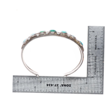 6.6" 1930's Navajo ingot silver turquoise row cuff bracelet twisted wire center