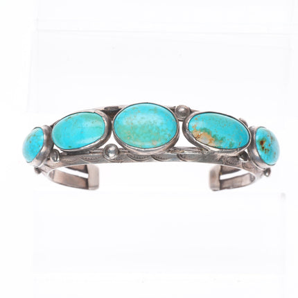 6.4" 1930's Vintage Ingot silver Navajo oblong turquoise row cuff bracelet