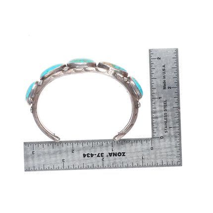 6.4" 1930's Vintage Ingot silver Navajo oblong turquoise row cuff bracelet