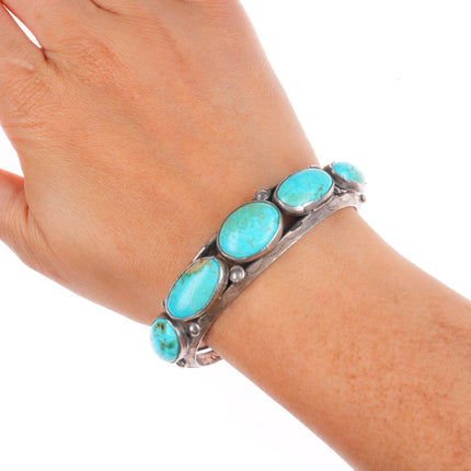 6.4" 1930's Vintage Ingot silver Navajo oblong turquoise row cuff bracelet