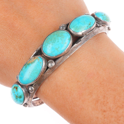 6.4" 1930's Vintage Ingot silver Navajo oblong turquoise row cuff bracelet