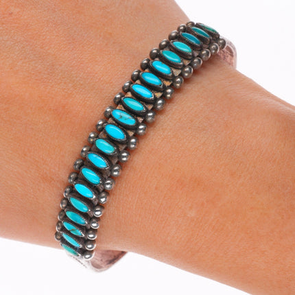 7.1" 30's-40's Zuni sterling silver turquoise row cuff bracelet needlepoint