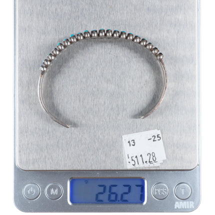 7.1" 30's-40's Zuni sterling silver turquoise row cuff bracelet needlepoint