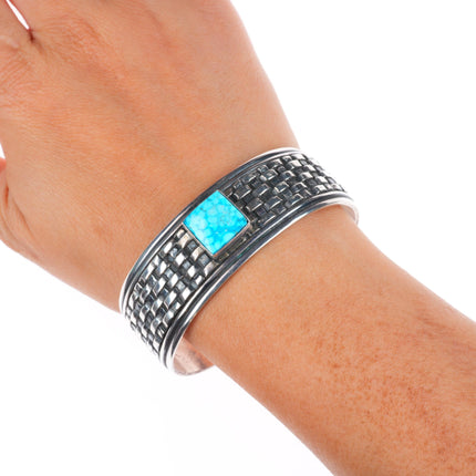 6.75" Vintage Navajo L James sterling silver turquoise basketweave cuff bracelet