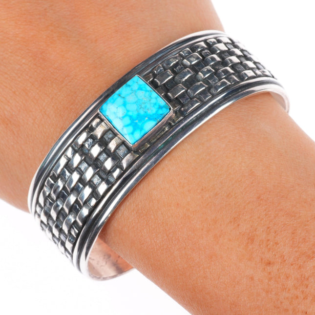 6.75" Vintage Navajo L James sterling silver turquoise basketweave cuff bracelet