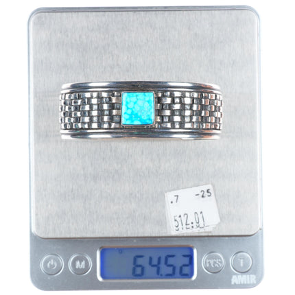 6.75" Vintage Navajo L James sterling silver turquoise basketweave cuff bracelet