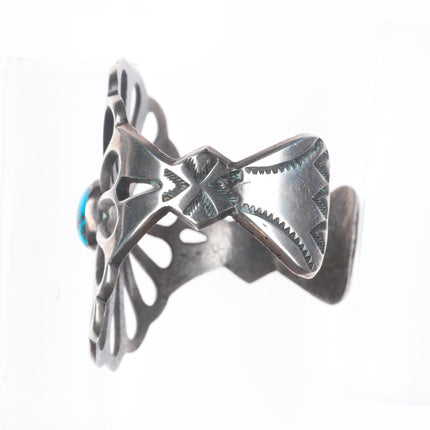 7" Vintage Navajo sandcast sterling silver wide band turquoise cuff bracelet