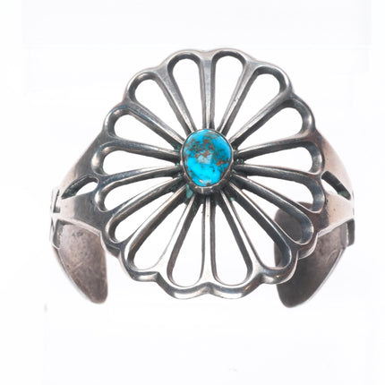 7" Vintage Navajo sandcast sterling silver wide band turquoise cuff bracelet