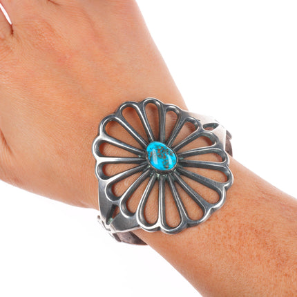 7" Vintage Navajo sandcast sterling silver wide band turquoise cuff bracelet
