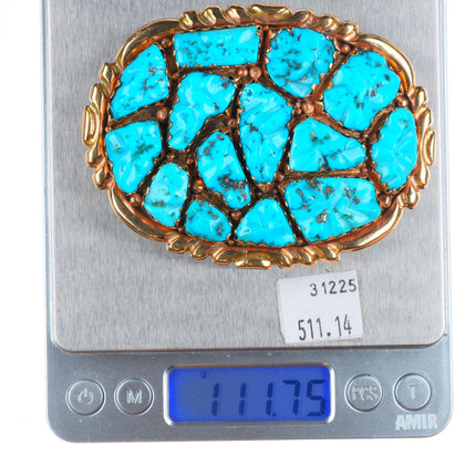 1970's Alice Quam Zuni 14k gold belt buckle carved pyrite turquoise cluster