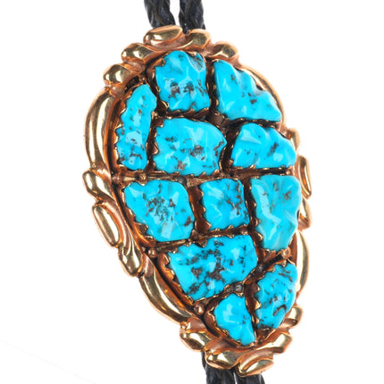 1970's Alice Quam Zuni 14k gold bolo tie carved pyrite turquoise cluster