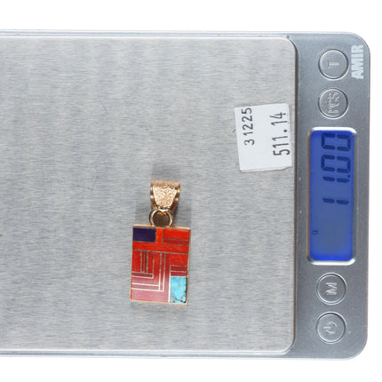 Jim Harrison Navajo 14k gold Tufa Cast coral/turquoise inlay reversible pendant