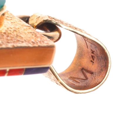 Jim Harrison Navajo 14k gold Tufa Cast coral/turquoise inlay reversible pendant