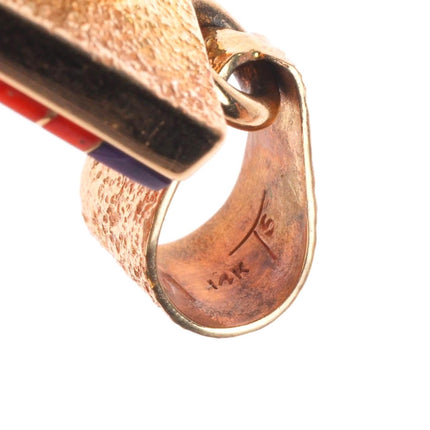 Jim Harrison Navajo 14k gold Tufa Cast coral/turquoise inlay reversible pendant