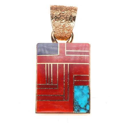 Jim Harrison Navajo 14k gold Tufa Cast coral/turquoise inlay reversible pendant