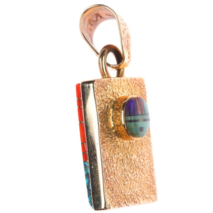 Jim Harrison Navajo 14k gold Tufa Cast coral/turquoise inlay reversible pendant