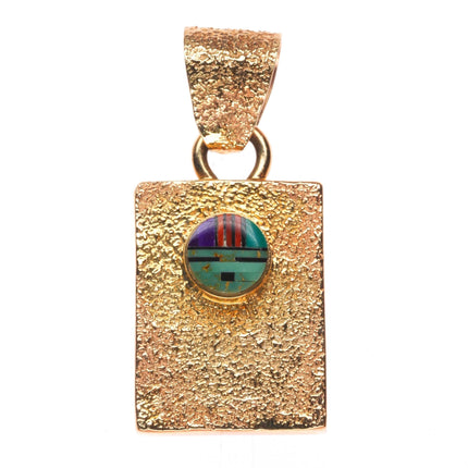Jim Harrison Navajo 14k gold Tufa Cast coral/turquoise inlay reversible pendant