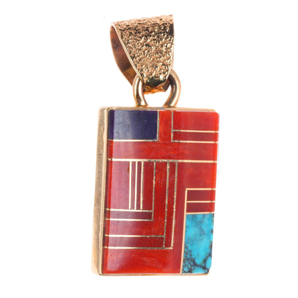 Jim Harrison Navajo 14k gold Tufa Cast coral/turquoise inlay reversible pendant