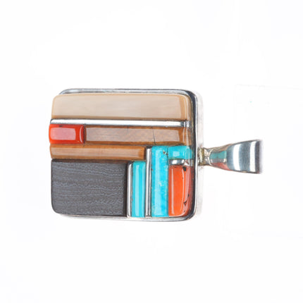 Sherian Honhongva Hopi turquoise, coral, fossil sterling silver corn row pendant