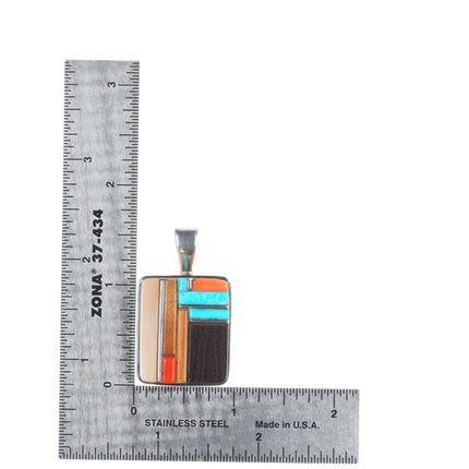 Sherian Honhongva Hopi turquoise, coral, fossil sterling silver corn row pendant