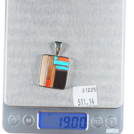 Sherian Honhongva Hopi turquoise, coral, fossil sterling silver corn row pendant