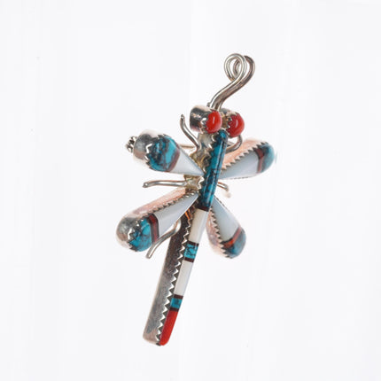 Haloo Zuni sterling silver spiderweb turquoise/coral/shell dragonfly pendant/pin