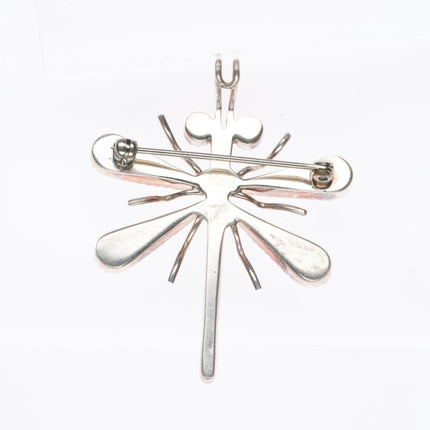 Haloo Zuni sterling silver spiderweb turquoise/coral/shell dragonfly pendant/pin