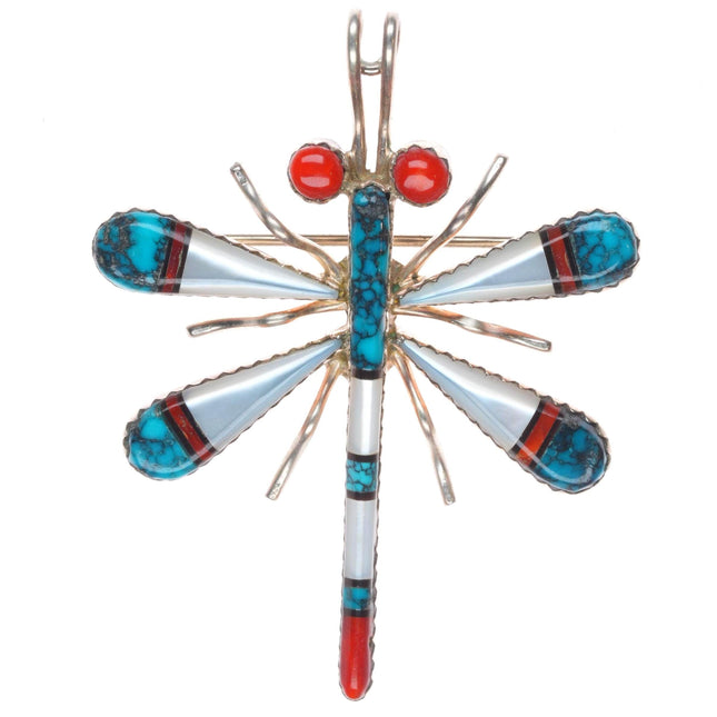 Haloo Zuni sterling silver spiderweb turquoise/coral/shell dragonfly pendant/pin