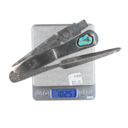 3 Vintage Navajo sterling silver letter openers thunderbird, Kachina, turquoise