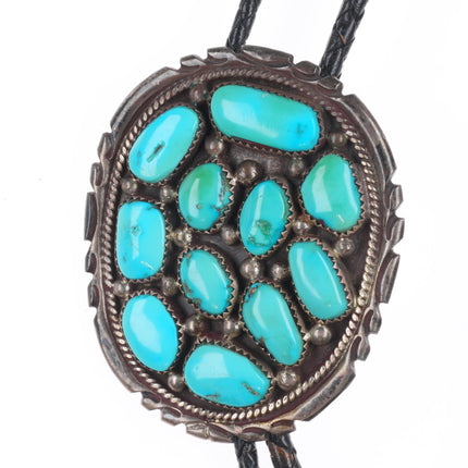c1970 Big Moore Navajo sterling silver natural turquoise cluster bolo tie