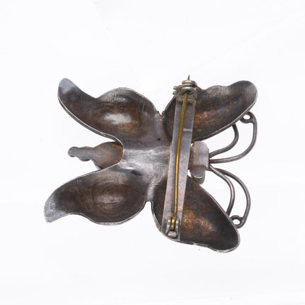 30's-40's Navajo sterling silver hand stamped butterfly pin with turquoise